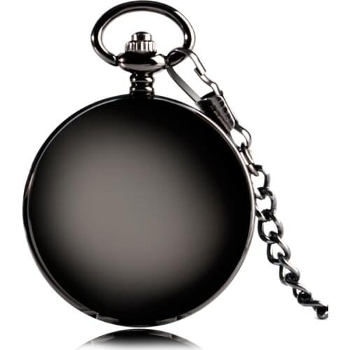Elegant Black Smooth Steampunk Mechanical Pocket Watch Wind Up Fob Chain Brief Roman Number Classic Stylish for Men Women Gifts