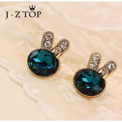JZTOP Luxury Green Crystal Rabbit Stud Earring For Woman Vintage Rhinestone Bunny Animal Earrings Female Wedding Jewelry Gifts