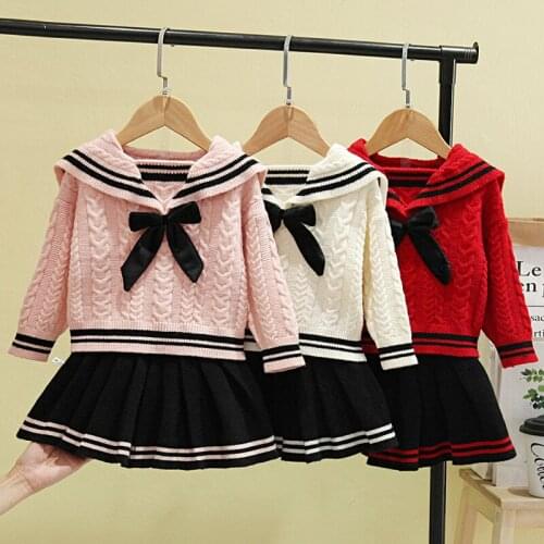 0-5Year Baby Girls Clothing Sets 2021 Autumn Winter New Fashion Sailor Collar Warm Knitted Sweater+Pleated Skirt 2Pcs Outfit Set