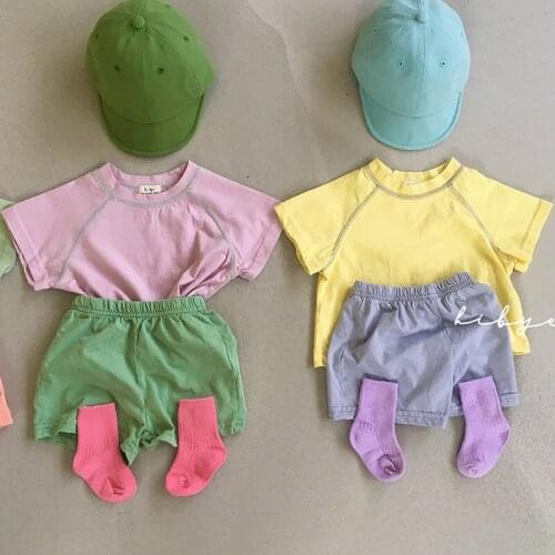 Korean fluorescent casual contrast shorts set boys children and babies kids set boy clothes