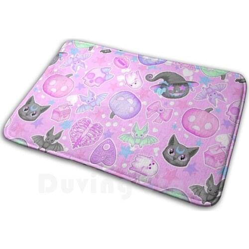 Halloween All Year Mat Rug Carpet Anti-Slip Floor Mats Bedroom Pastel Goth Halloween Cute Kawaii Witch Creepy Cat Bat Skull Pink