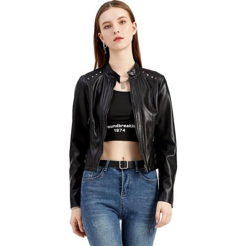 Rivet Leather Jacket Women Tops Spring Autumn Long Sleeve Thin Short Coats Fashion Moto Biker Pu Jackets for Ladies TD05