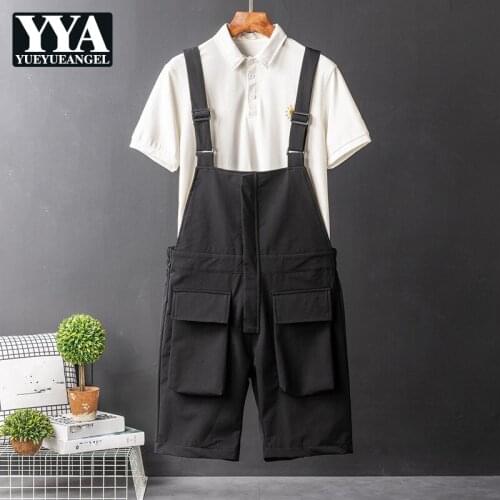 Fashion Straight Overalls Mens Summer Concise Loose Shorts Big Pocket Fashion Knee Length Male Strap Shorts Korean Style