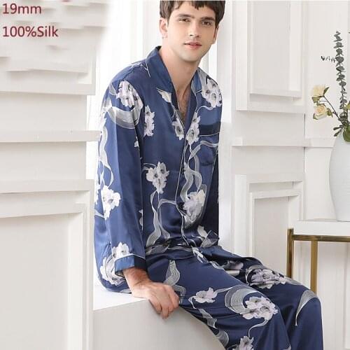 19MM Pijama Male Pajamas Men Suit Sleepwear Printed FLoral L XL 2XL Home Clothing Nightwear Casual Lovers 100% Silk Pajamas