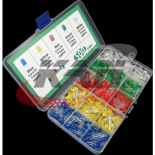 5x100pcs=500Pcs 5MM LED Diode Kit Mixed Color Red Green Yellow Blue White + BOX