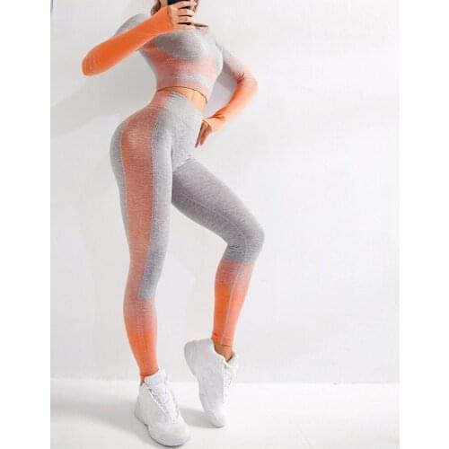 Sexy Seamless 2 Piece Set Push Up Leggings Tight Top Running Long Sleeve Yoga Sport Fitness Set Clothes Yoga Gym Suit
