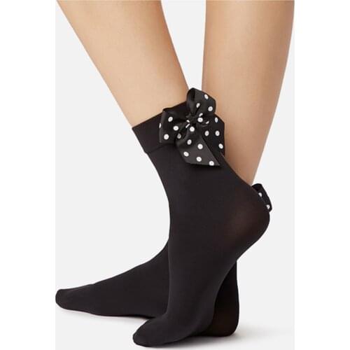 Chic Streetwear Womens Black Color Dots Bow Socks.Casual Female Polka Dot Short Socks.Cute Ladies Plaid Bow knot Sox