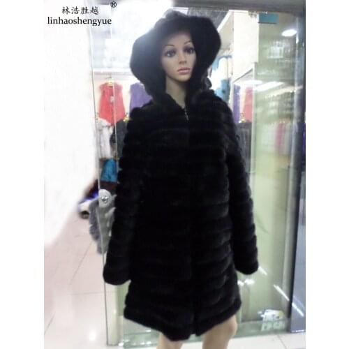 Linhaoshengyue 85 CM Length Mink Added Pigskin Long Sleeve Hooded Fur Coat
