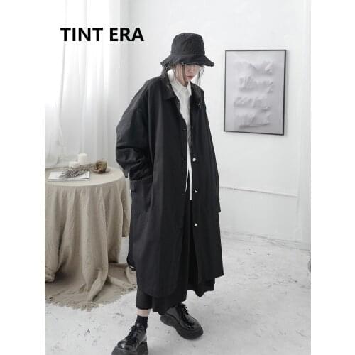 TINT ERA Yamamoto Design Dark Black Japanese Tooling Long Trench Coat Female Loose Niche Thin Boyfriend Style Jacket women Trend
