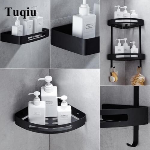 Tuqiu Corner Shelf Wall Mounted Black 304 Stainless Steel Bath Shower Shelf Bath Shampoo Holder Basket Holder Corner shelf