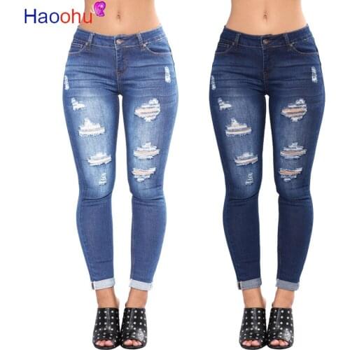 HAOOHU Vintage Mid Waist Skinny Jeans Pant for Women Ripped Hole Pencil Pants Blue Streetwear Plus size Ladies Jeans
