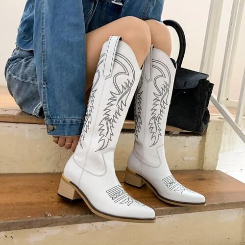 QZYERAI 2021 Sweet Wedding Shoes Woman Heels Fall Knee High Boots Genuine Leather Pointed Toe Tight High Boots WESTERN