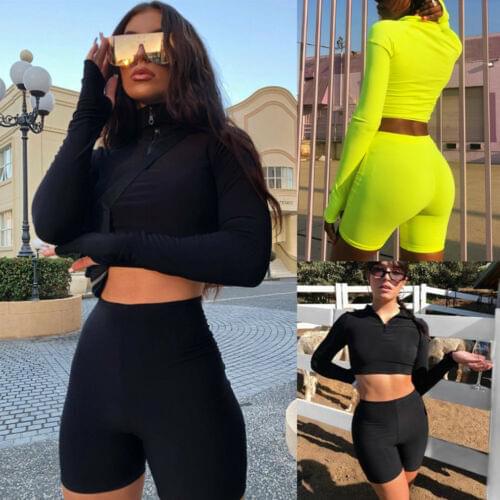 Summer Womens Sporty Zipper Long Sleeve Skinny Hoodies Sweatshirt Crop Tops Shorts Set Ladies Fitness 2Pcs Tracksuit Sweat Suit