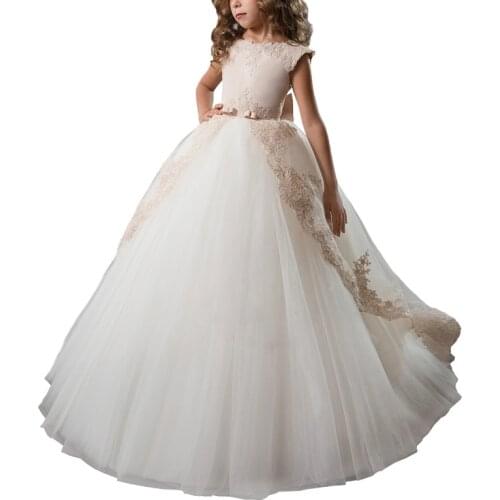 Champagne Cap Sleeves Lace Elegant Wedding Pageant Dress For Girls Bow Sweep train Ball Gowns Lace Flower Girls Princess Dress