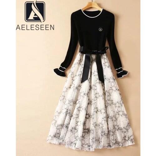 AELESEEN Autumn Winter Knitting Dress Full Butterfly Sleeve Black 3D Appliques Flower Sequined Gown Ball Long Knitted Dress