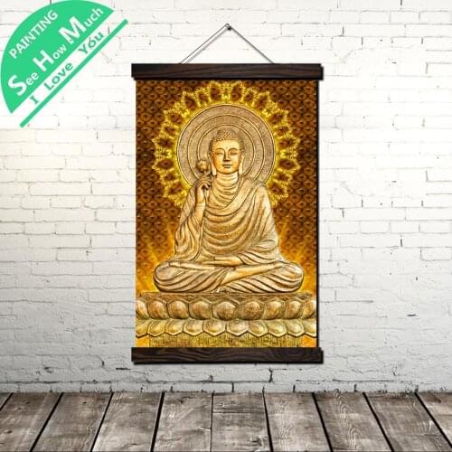 Gold Guanyin Buddha Scroll Painting Canvas Vintage Poster and Prints Wall Art Pictures Living Room Bedroom Farmhouse Decoration