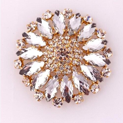 55mm Round Flower Shape Rhinestone applique Crystal Glass sew on rhinestone with Gold base For Party Dress Garment decoration