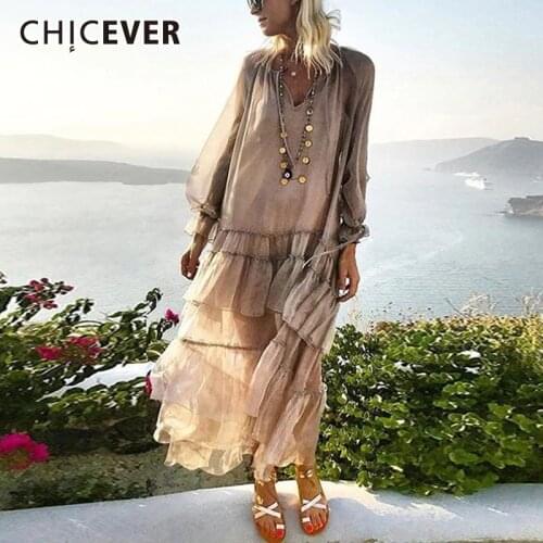 CHICEVER Spring Patchwork Ruffles Womens Dresses V Neck Petal Sleeve Loose Perspective Holiday Dress Fashion Clothes Tide