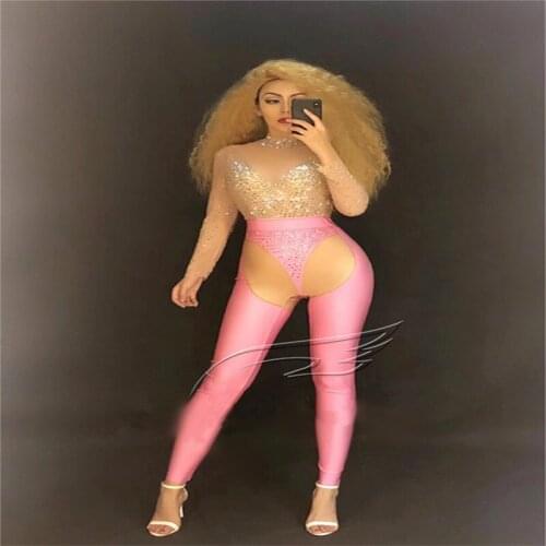 E71 Sexy female pink bodysuit singer performance wears pole dance costumes pink jumpsuit Rhinestone outfits show dress clothing
