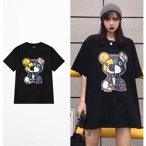 Korean Fashion Cartoon Bear Print T Shirt Summer Cotton High Street Black White T-shirts Men Harajuku Casual Tee Shirt Homme