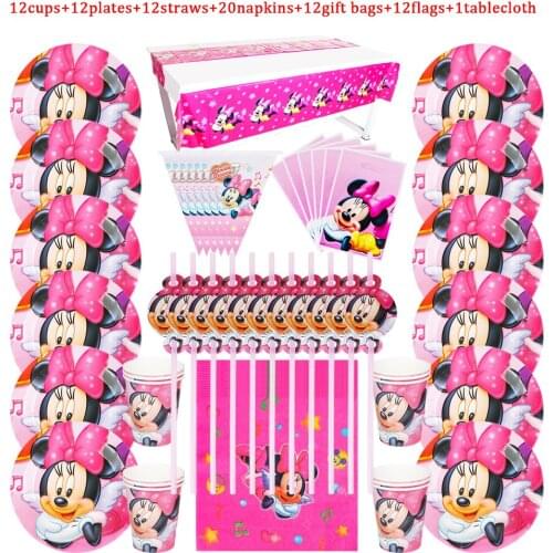 Red Minnie Mouse Plate Cup Straw Napkin Tablecloth Flag Decoration Birthday Girl 24/56/57/68/69/80Pcs Baby Shower Party Supplies