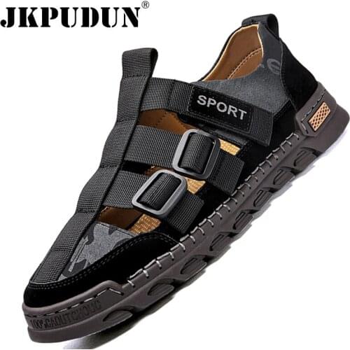 Summer Leather Mens Sandals Classic Breathable Slip-On Sandals Men Casual Beach Shoes Outdoor Roman Slippers Plus Size 38-48