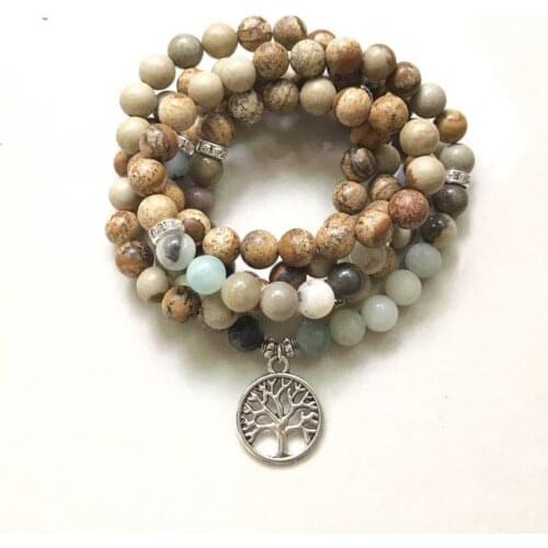 Fashion Womens or Mens Amazonite 108 Mala Beads Bracelet or Necklace 5 laps bracelets life of tree Charm Yoga Bracelet Wrist