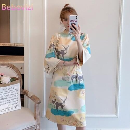 Ins M-4XL 2022 New Fashion Modern Chinese Cheongsam A-line Dress Women 3/4 Sleeve Qipao Traditional Chinese Clothes