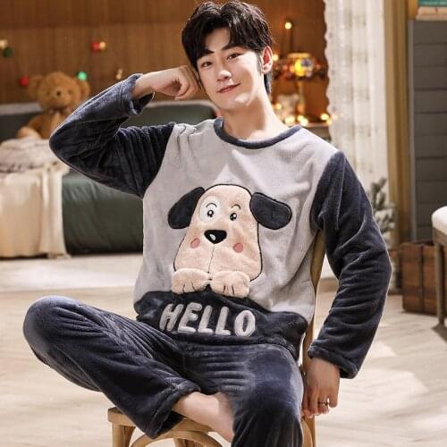 2021 New Autumn Winter Large Size Plus Velvet Animal cartoon Home Clothes For Men Casual O Neck Soft Warm Sleepwear 2 Piece Sets