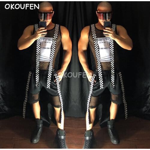 Original desigh mens new popular hollow out letters print vest suits stage show dance set
