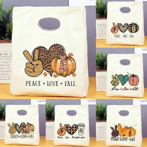 Peace Love Fall Functional Cooler Lunch Bags Portable Insulated Bento Tote Thermal Food Picnic Storage Pouch Thanksgiving Gifts