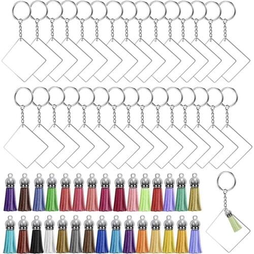 Hot YO-120 Pcs Square Acrylic Keychain Blanks Tassels Set Including Acrylic Blanks Silver