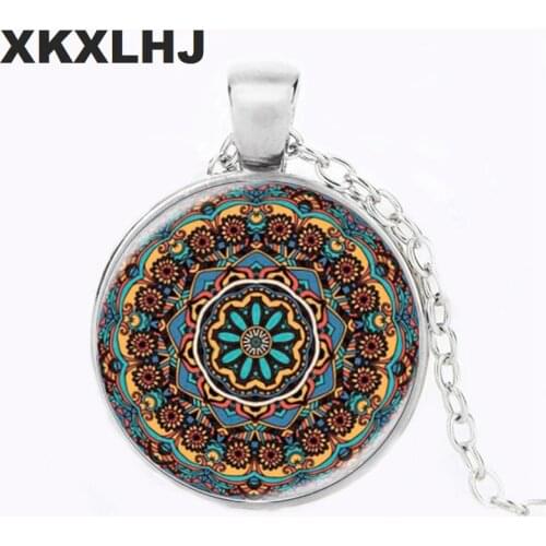 Multicolor Flower Of Life Pendant Necklace Chain Statement Long Necklace Glass Dome Om Mandala Yoga Jewlery Buddhist Gift