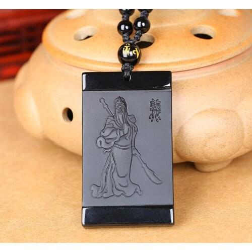Natural Obsidian Carving Guan Yu Jade Pendant Jewelry Lucky Exorcise Evil Spirits Auspicious Amulet Jade Pendant Fine Jewelry