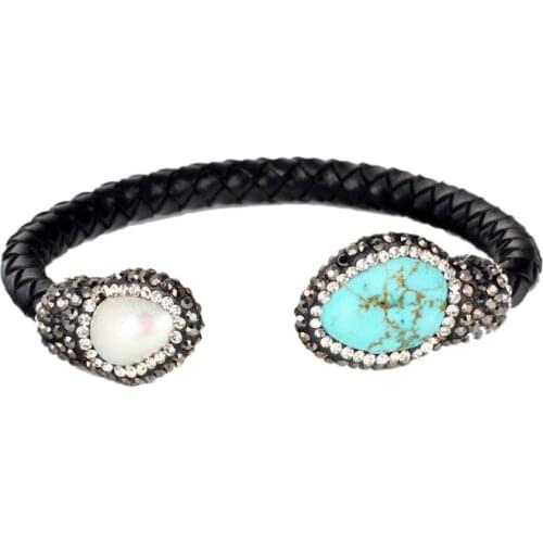 Luxury black leather pave natural pearl &semi precious stone end tail bead charms adjustable open cuff bangle bracelet for women