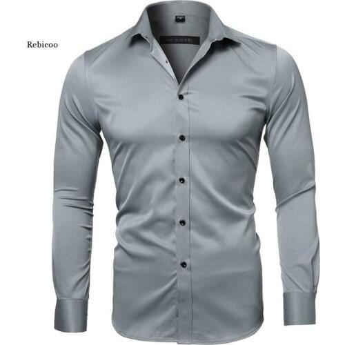 Gray Elastic Bamboo Fiber Shirt Men Brand New Long Sleeve Mens Dress Shirts Non Iron Easy Care Business Work Chemise Homme Xxl