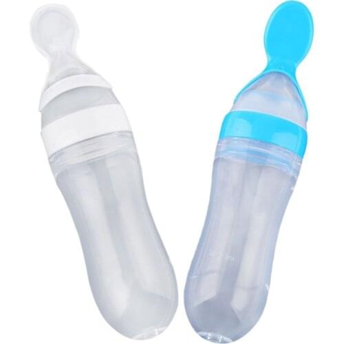Baby Silicone Squeeze Feeding Bottle With Spoon Feeder Food Rice Cereal Bottle Infant Newborn Toddler Training Feeder 90ML