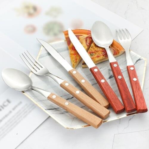 304 stainless cutlery fork spoon Beech wooden handle Japanese Korean western cutlery retro style hotel steak knife fork set