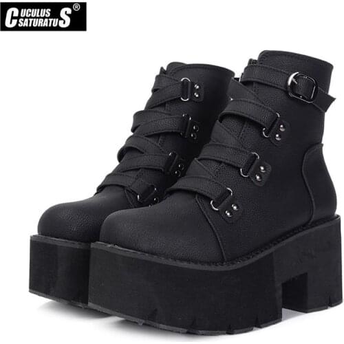 Cuculus Woman Comfortable Spring Autumn Ankle Boots Women Platform Boots Rubber Sole Buckle Black Leather PU High Heels Shoes