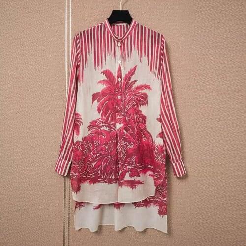 Fashion 100% Cotton Runway 2 Pieces Set Women 2021 Designer Loose Irregular Blouse +Skirts Striped Flower Print Sets