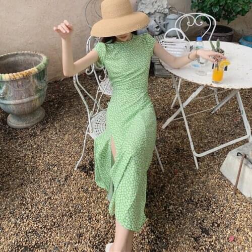 Fashion Summer Korean Vintage Short Sleeve Maxi Party Dress Ladies OL Elegant Robe Casual Sexy Backless Floral Split Beach Dress