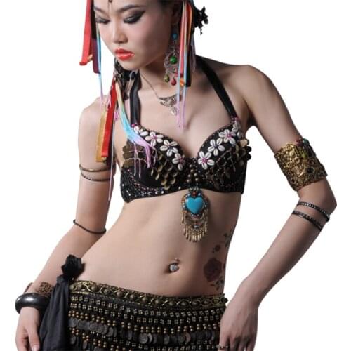 2018 Women Dancewear Belly Dance Copper Halter Top Gem Stone Heart Pendant Push Up B CUP Tribal Belly Dance Bras