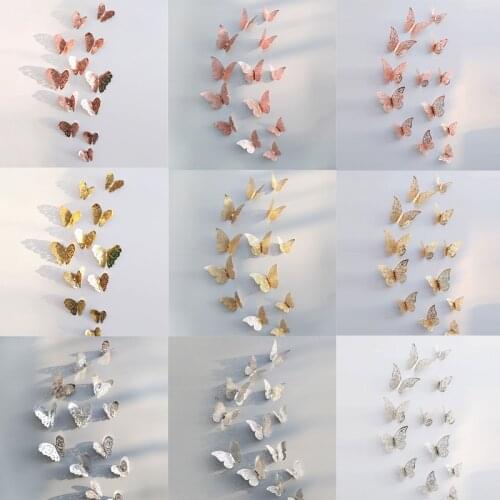24pcs/lot Gold Rose Gold Sliver Party Butterfly Wall Stickers for Wedding Home Decor Window Sticker with Adhesive Hollow Paper