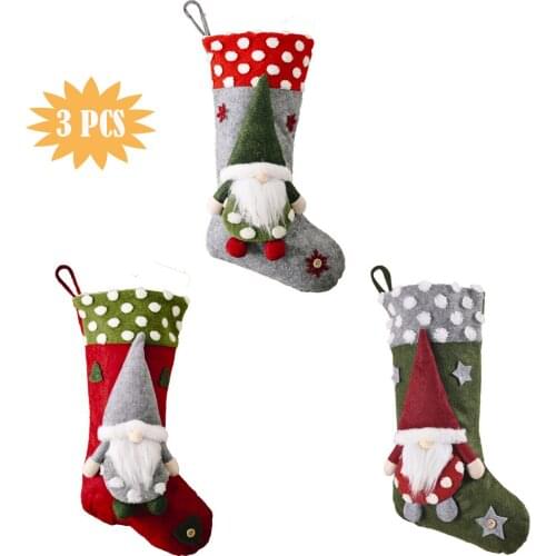 3 pcs Christmas Stockings with Forest Santa Claus Cashmere Faceless Doll 50cm × 25cm Long Christmas Stocking Gift Bag for Decor