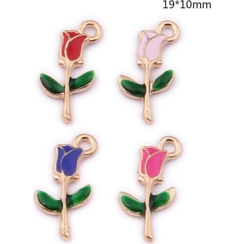 30pcs/Lot Small Rose Flower Drop Oil Alloy Enamel Charms Plant Small Pendant Hand-made Jewelry Materials Accessories