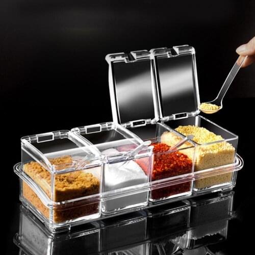 3/4 Grid Acrylic Transparent Seasoning Box Salt and Pepper Kitchen Spice Container Condiment Storage with Spoon