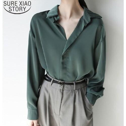 New Fashion V-neck Solid Tops Elegant Office Lady Satin Shirts Women Blouses 2021 Autumn Long Sleeve Shirt Blusa Mujer 16884