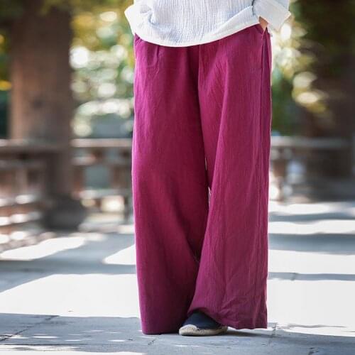 Women Cotton Linen Wide leg Pants Female autumn Chinese Vintage washed Solid Color Elastic Waist Loose Trousers