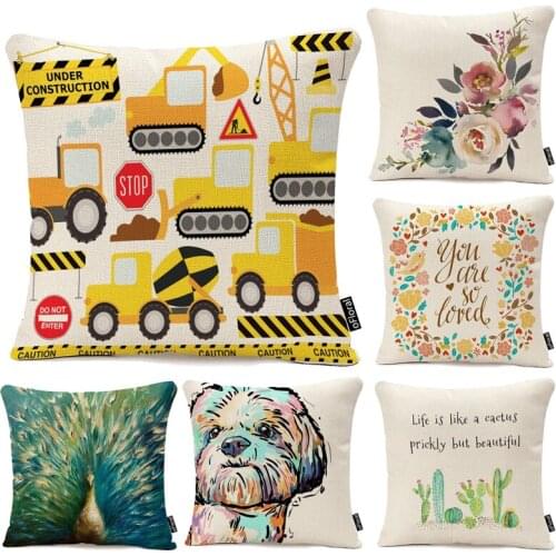 Car Dogs Pillow Cover Peacock Owl Flower Cushion Home Decorative Pillow Case Cushion Cover Bed Home Accessories 45cm No Insert