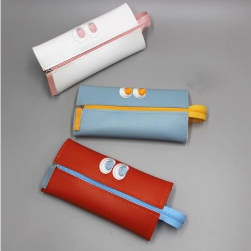 Cartoon Little Monster Pencil Case For Office Large Capacity Pu Pencil Bag Stationery School Supplies Makeup Brush Holder
